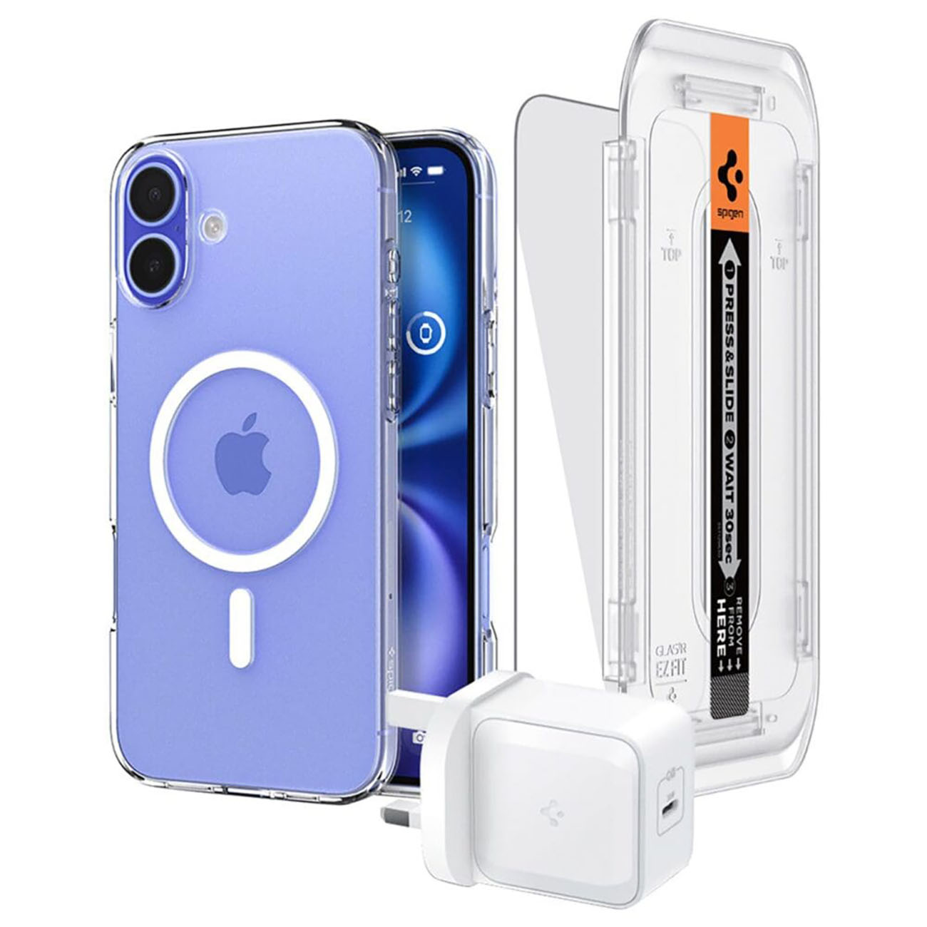 Spigen Bundle for iPhone 16 / Clear Case + Screen Protector + Charger with Type-C Port