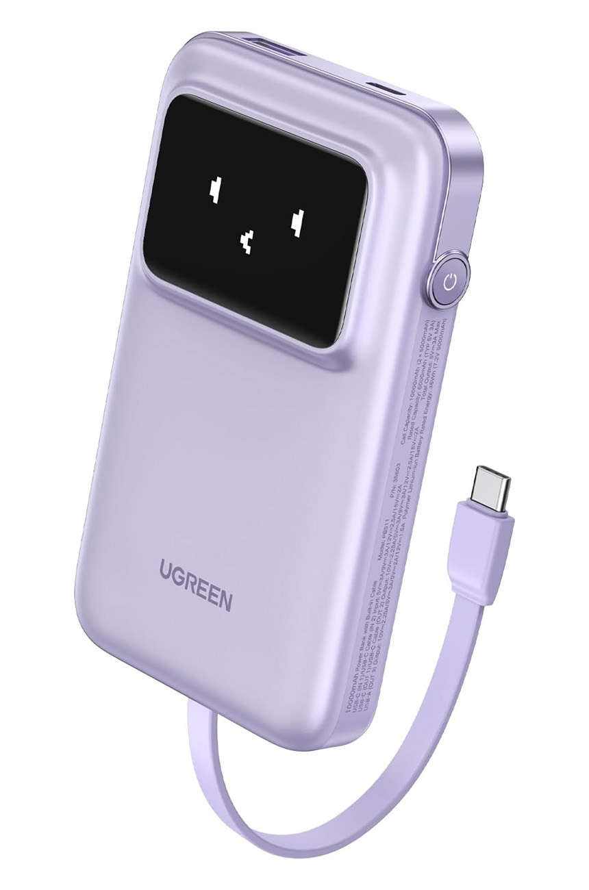 UGreen Uno Power Bank / 10,000mAh Capacity / 30W Power / Built-in Type-C Cable / Purple