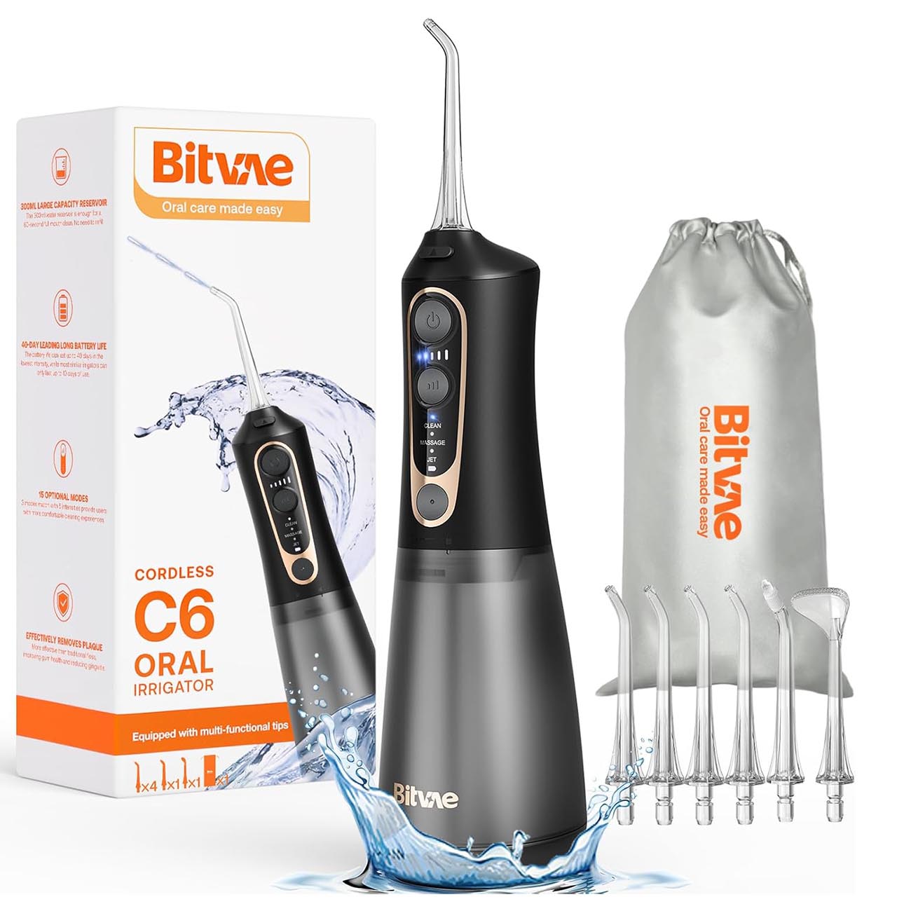 جهاز Bitvae C6 لتنظيف الاسنان بضغط الماء / شاشة LED / مقاوم للماء / اسود