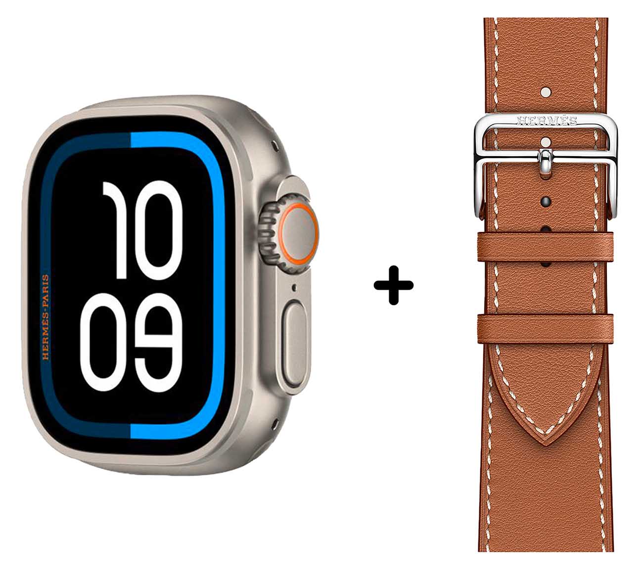 Hermes Apple Watch Ultra 2 / Steel with Single Tour Leather Strap / Gold / Size 45