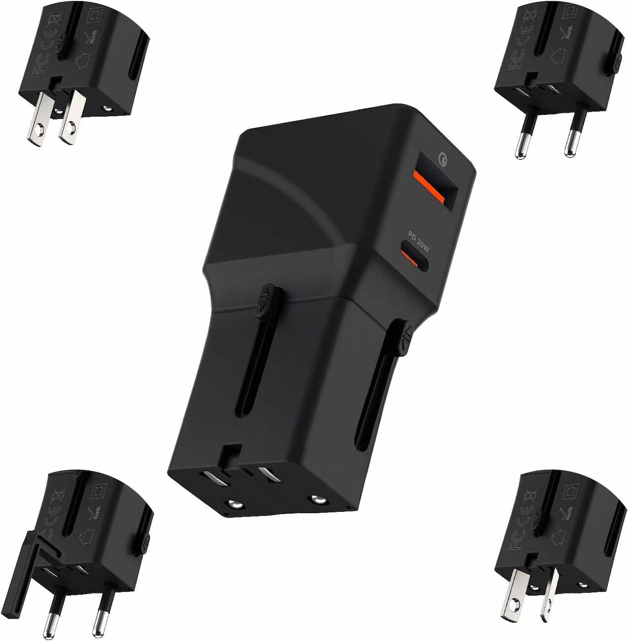 شاحن سفر من Rolling Square / يعطيك 4 مداخل عالمية مع مدخل تايب سي و USB / قوة 20 واط