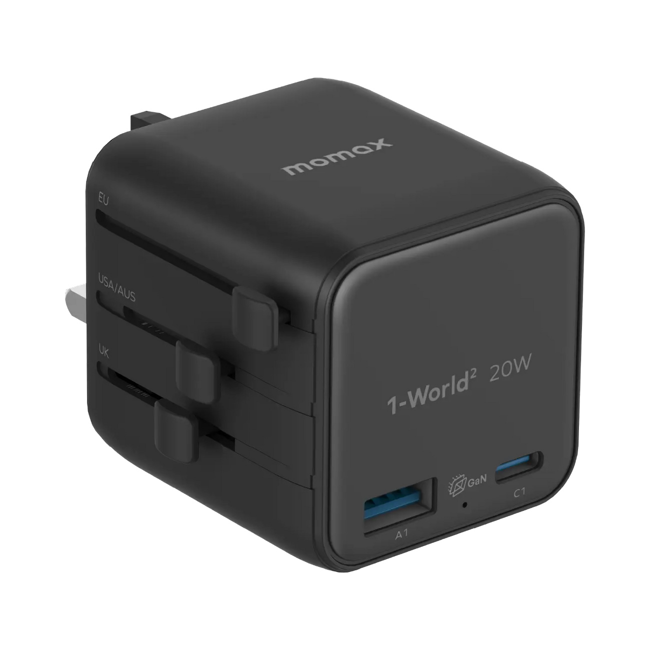 Momax Travel Adapter / Type-C & USB Ports / Supports Over 180 Countries / 20W Power / Black