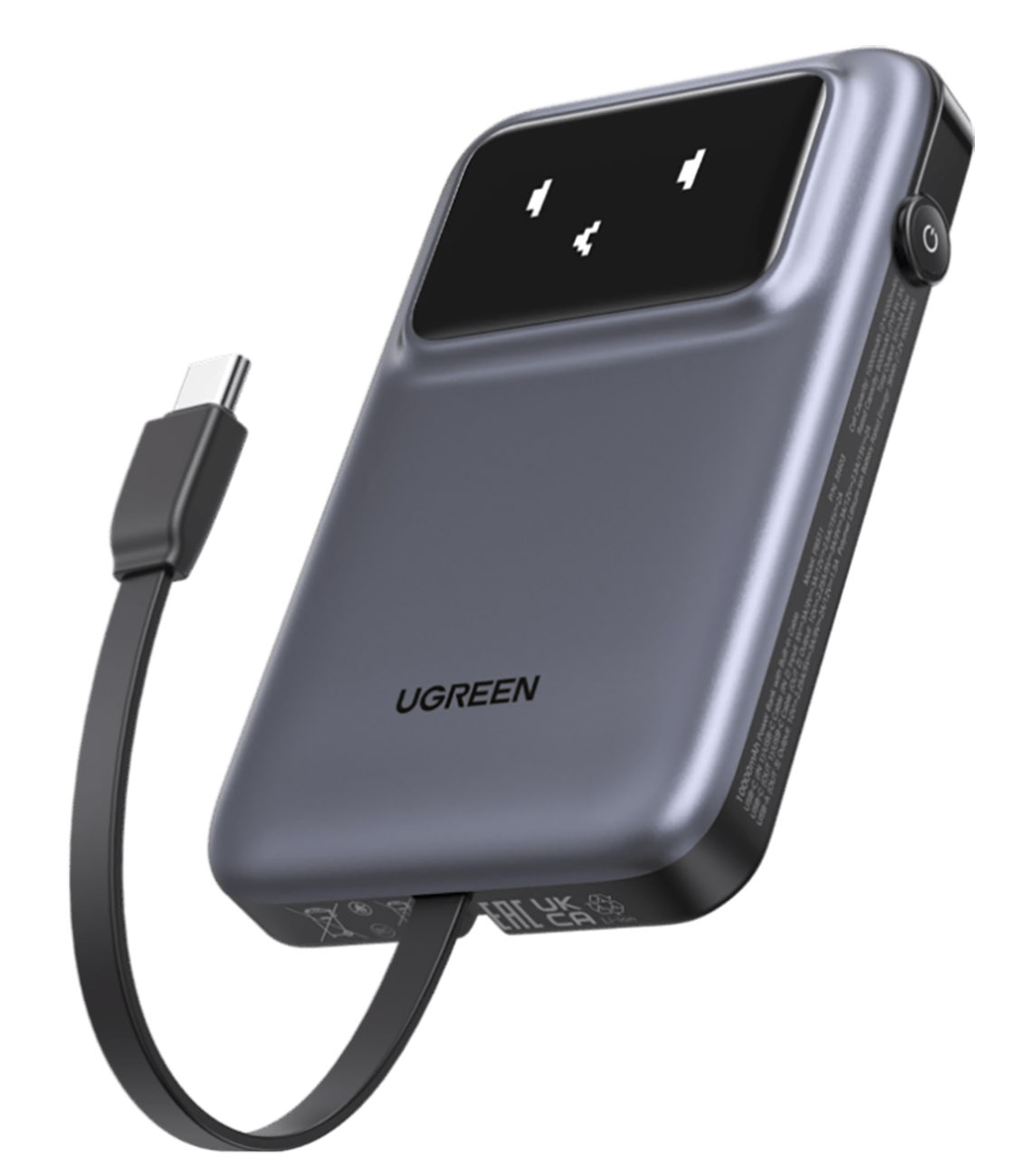 بطارية UGreen Uno / سعة 10 الاف mAh / قوة 30 واط / واير تايب سي مدمج / تصميم لطيف / رمادي