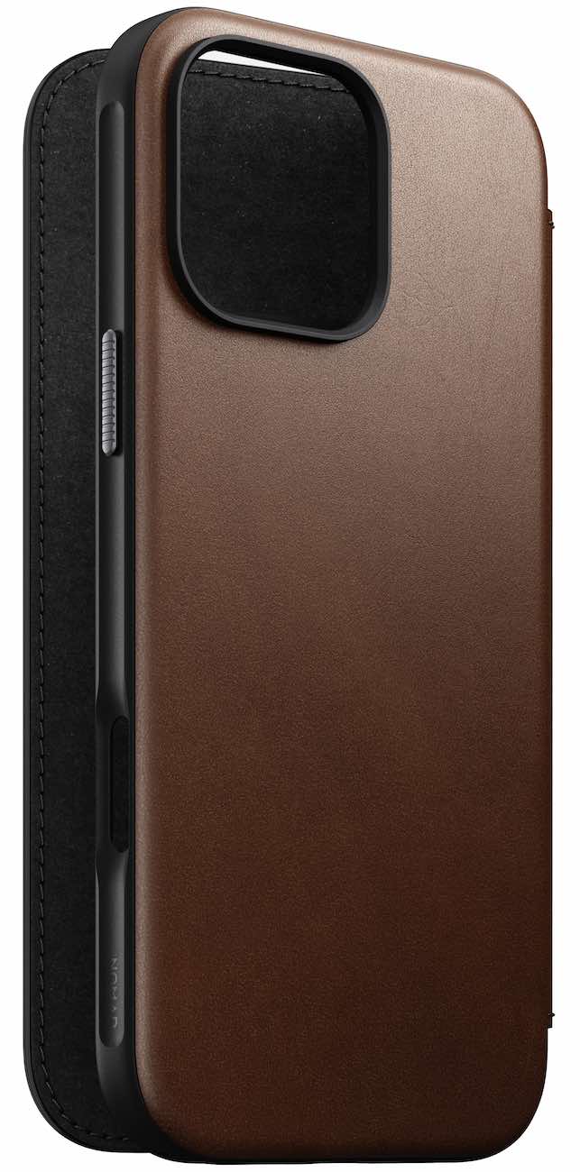 كفر Nomad Leather Folio لايفون 16 برو / بووك مدمج / يغطي الشاشة / يدعم MagSafe / جلد بني