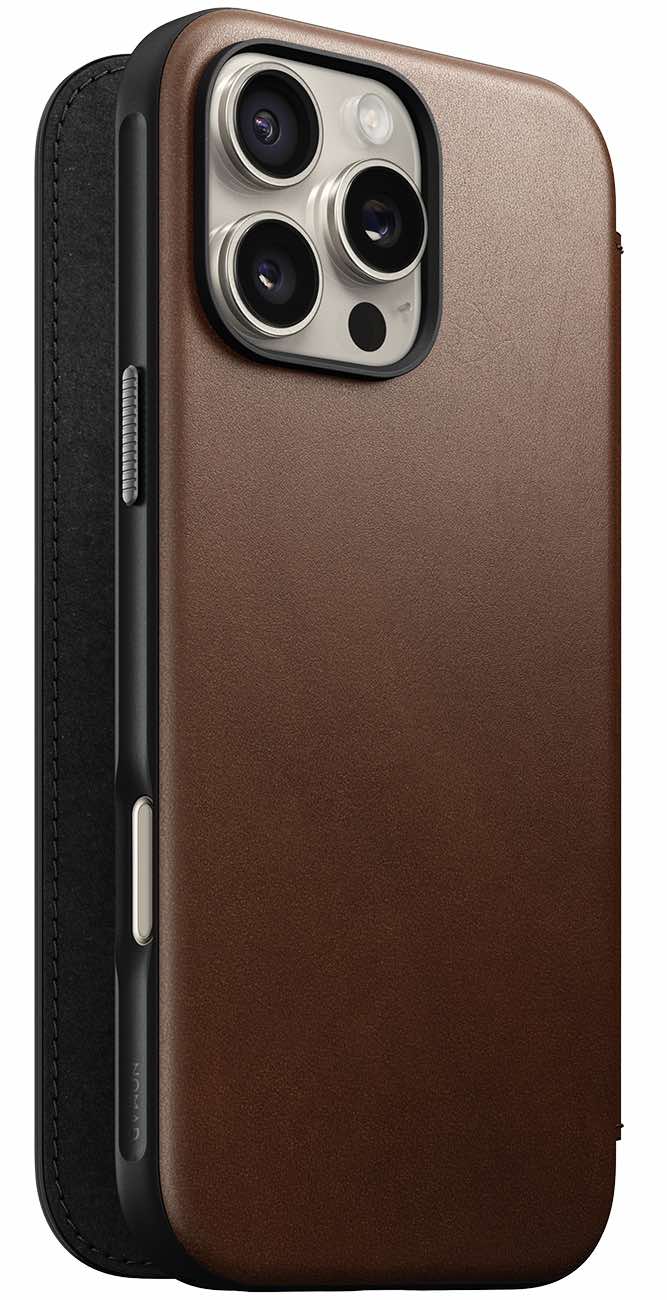 كفر Nomad Leather Folio لايفون 16 برو ماكس / بوك مدمج / يدعم MagSafe / جلد بني