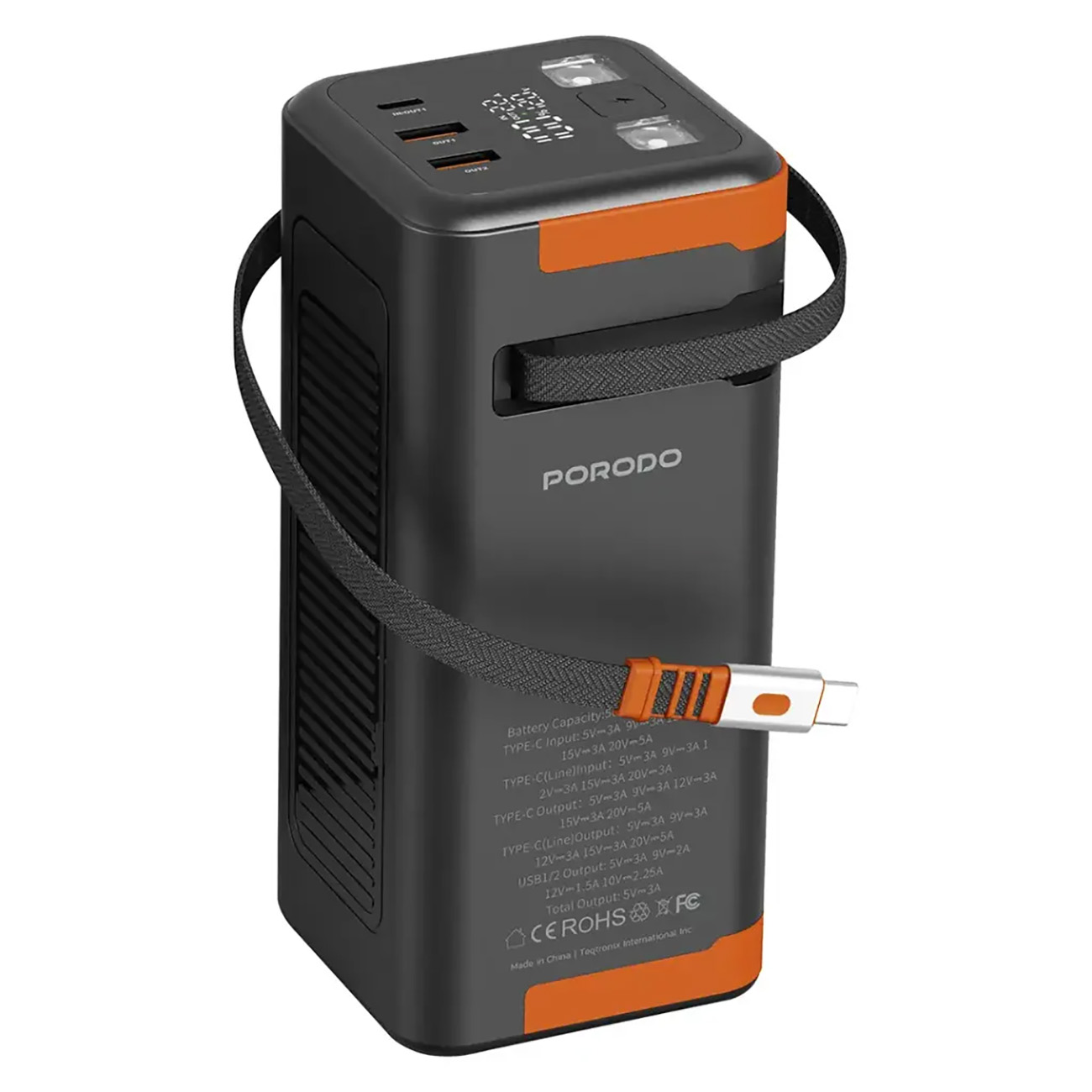 Porodo 50,000 mAh Power Bank / Type-C & 2 USB Ports / Built-in Type-C Cable / 20W Power