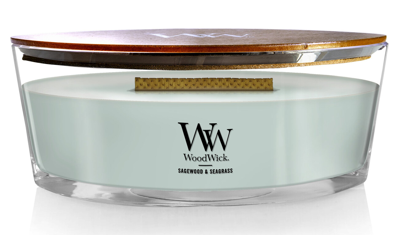 شمعة Woodwick المعطرة / خشب المريمية والأعشاب البحرية / حجم كبير