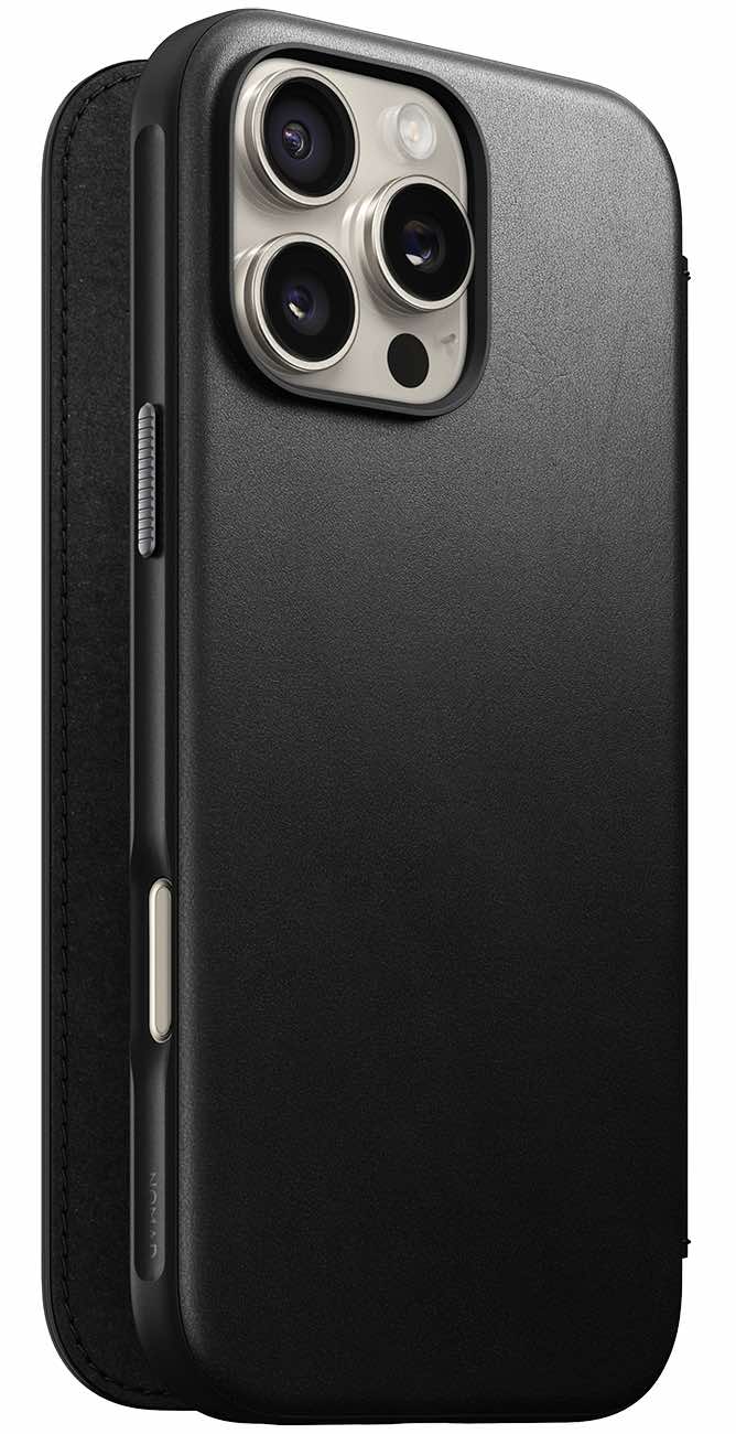 كفر Nomad Leather Folio لايفون 16 برو ماكس / بوك مدمج / يدعم MagSafe / جلد اسود