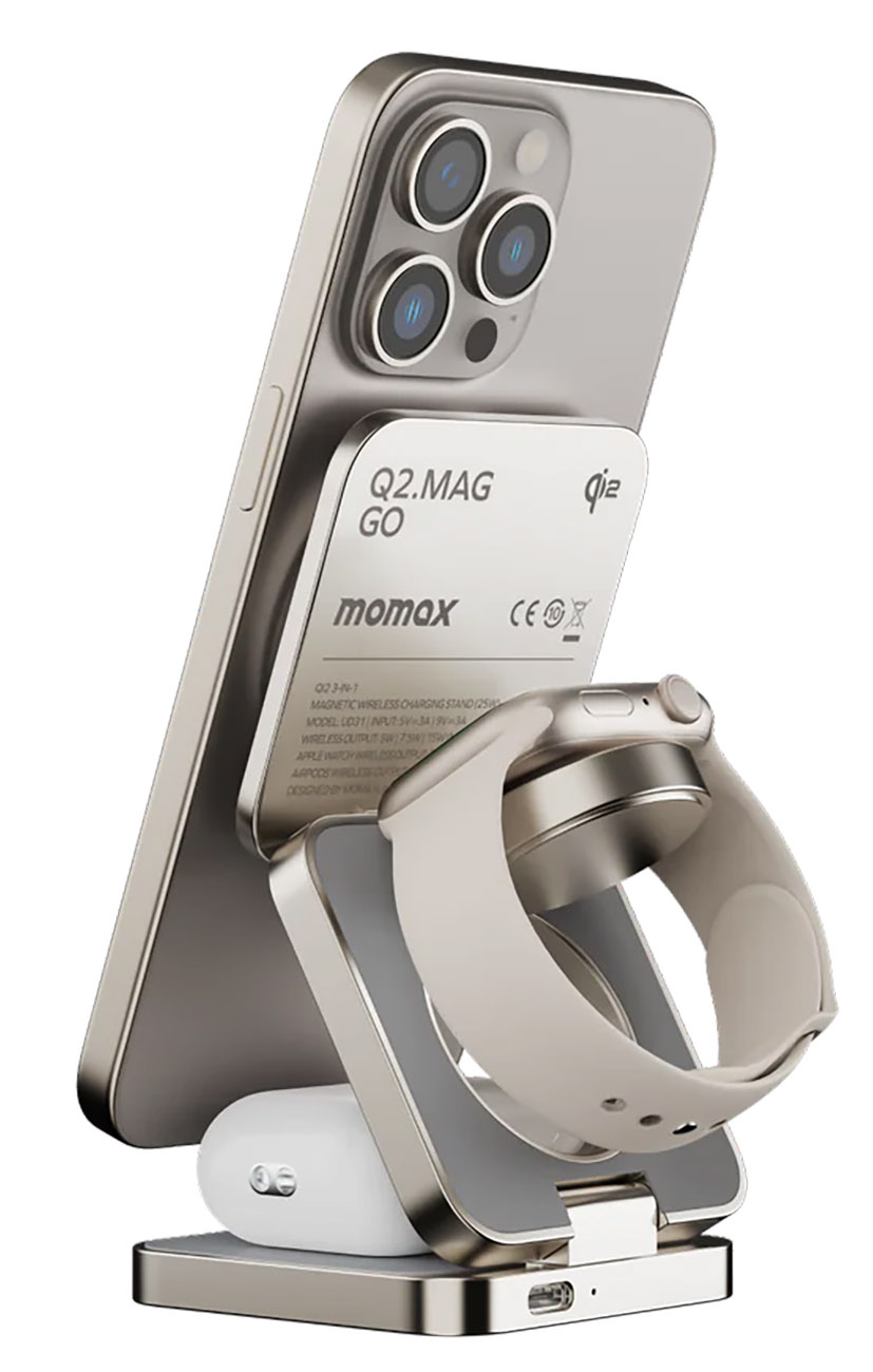 Momax Q2.Mag Stand & Charger / Charges Phone + Watch + AirPods / Supports MagSafe / Titanium